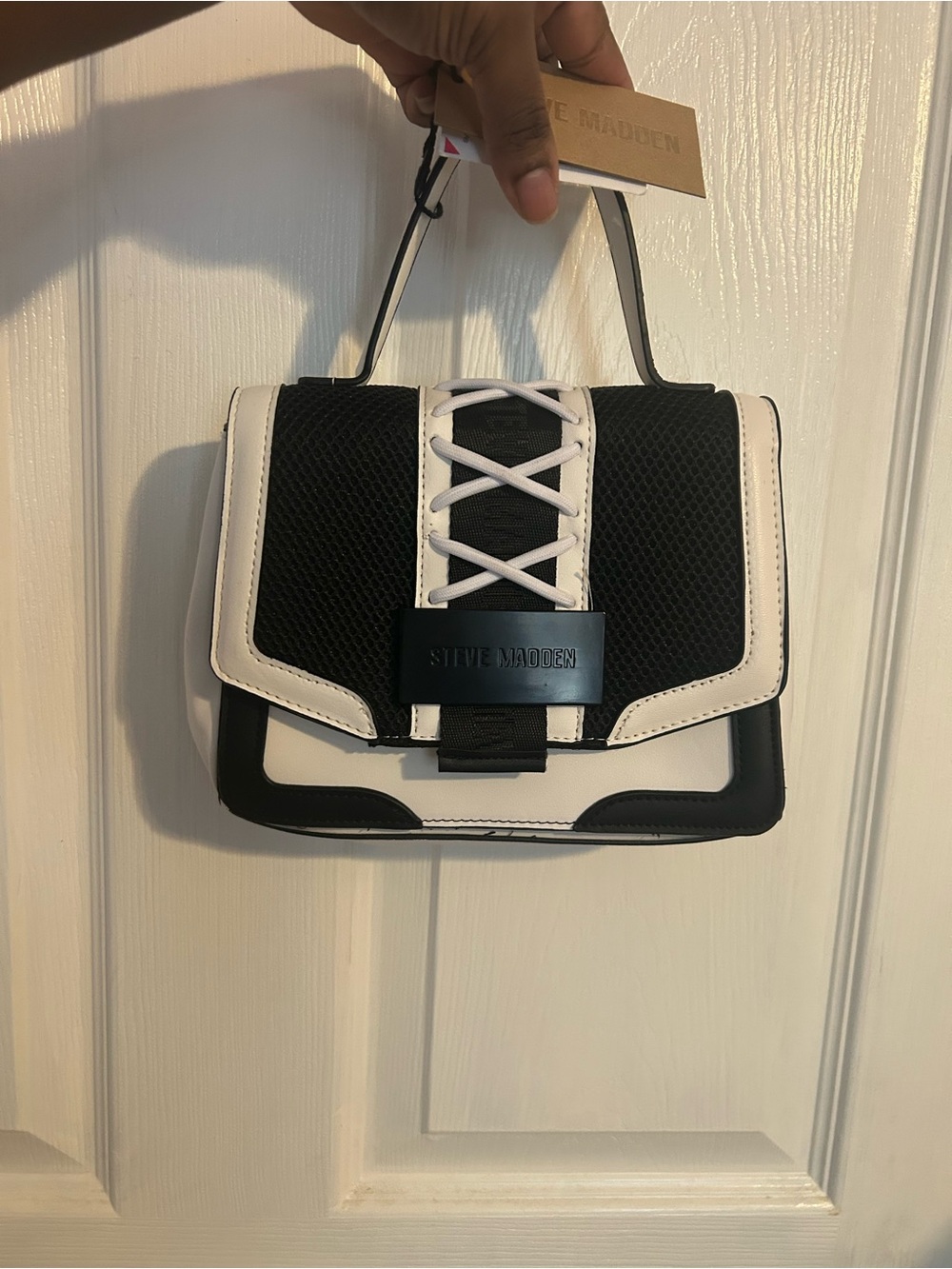 Steve Madden Black and White Lace-Up Top Handle Satchel